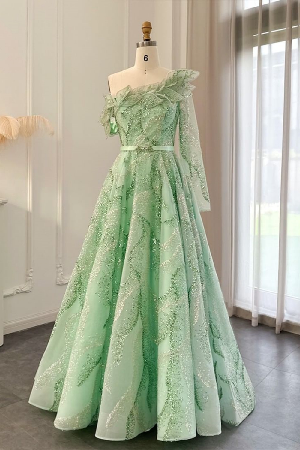 Bmbridal A-Line Champagne Strapless Tulle One Shoulder Prom Dresses with Ruffles