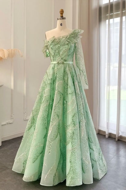 Bmbridal A-Line Champagne Strapless Tulle One Shoulder Prom Dresses with Ruffles