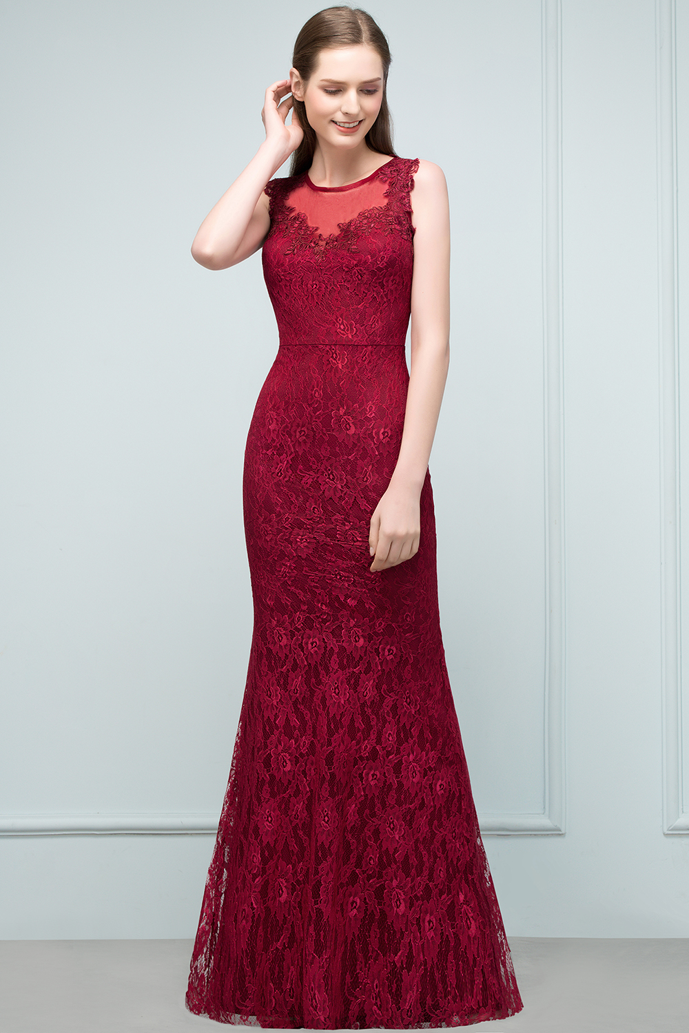 BMbridal Gorgeous Bugrundy Lace Prom Dress Long Mermaid Evening Gowns Online