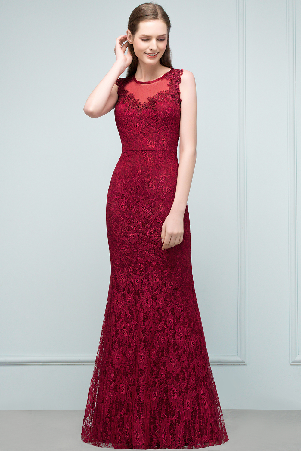 BMbridal Gorgeous Bugrundy Lace Prom Dress Long Mermaid Evening Gowns Online