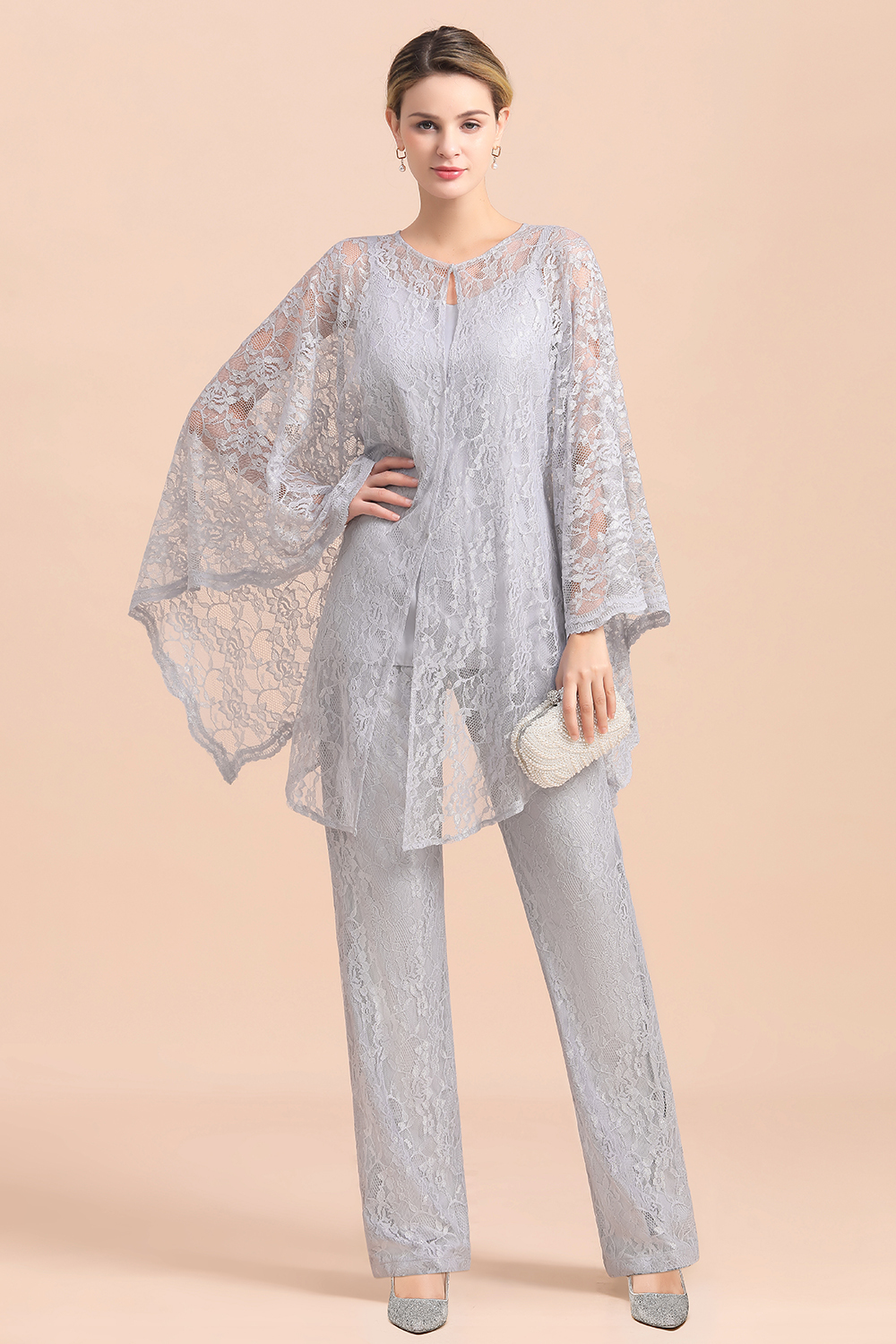 BMbridal Elegant V-Neck Appliques Silver Mother of Bride Jumpsuit with Lace Wraps-BMbridal