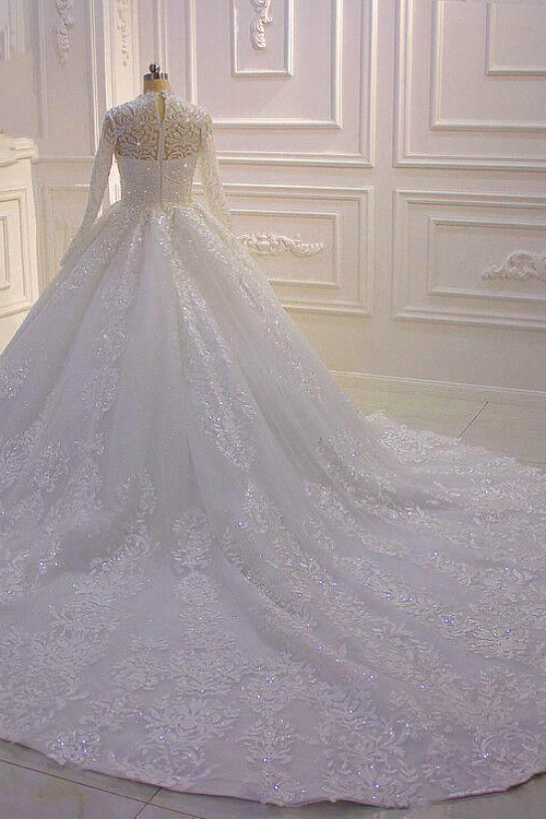 BMbridal Luxury Ball Gown High Neck Tull Lace Wedding Dress Long Sleeves Appliques Sequins Bridal Gowns Online-BMbridal