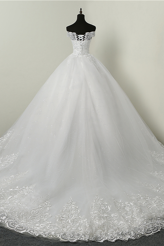 BMbridal Ball Gown White Tulle Sleeveless Wedding Dresses Off-the-Shoulder Lace Appliques Bridal Gowns-BMbridal
