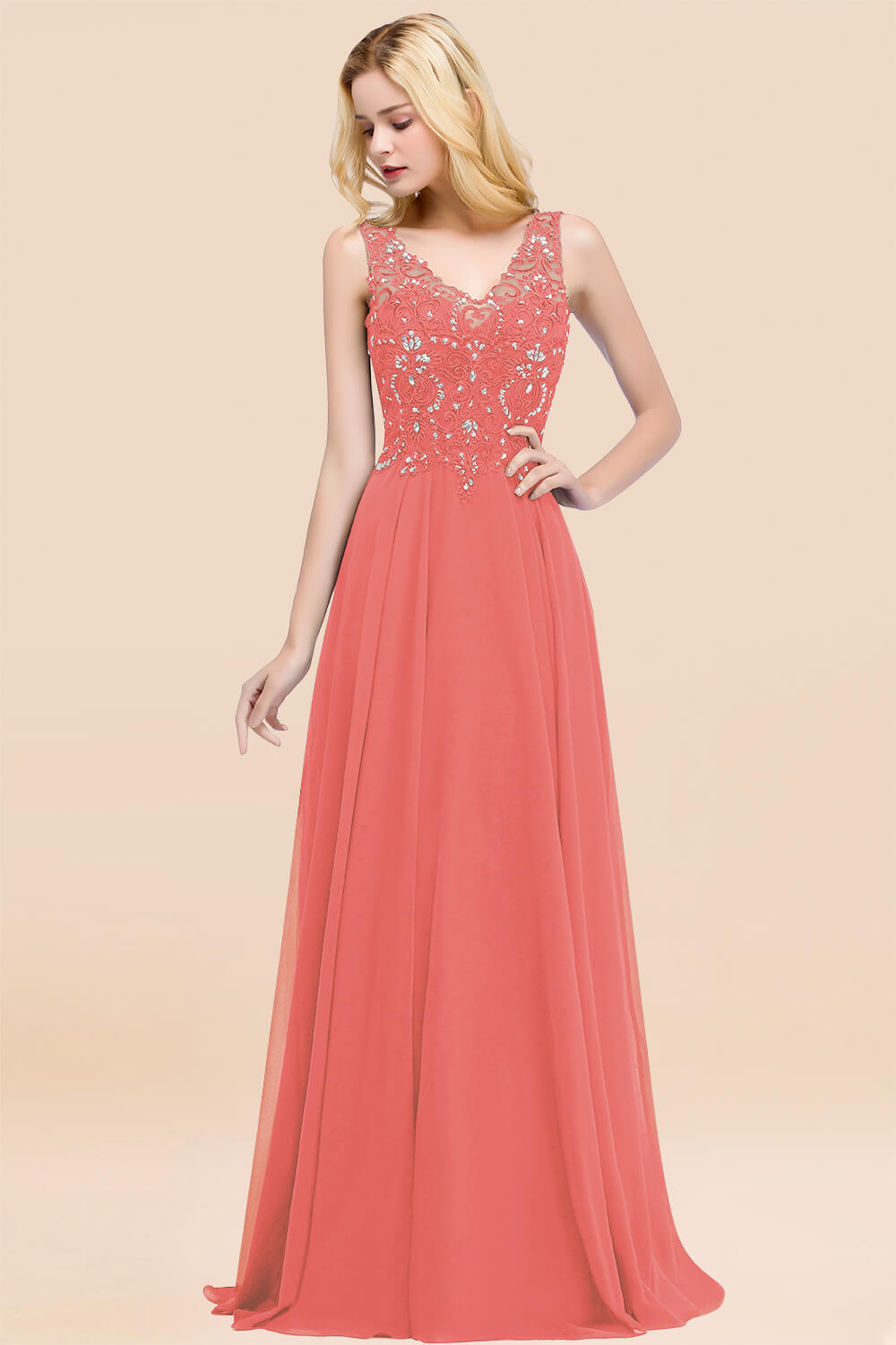 BMbridal Affordable Lace V-Neck Navy Bridesmaid Dresses With Appliques-BMbridal