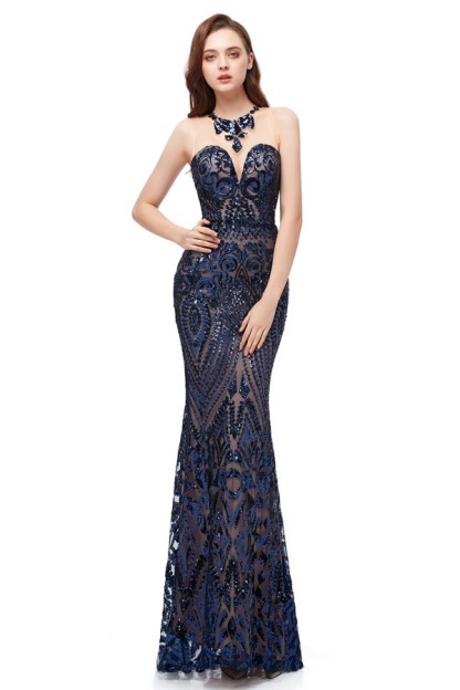 Bmbridal High Neck Prom Dress Mermaid Sleeveless Lace Long