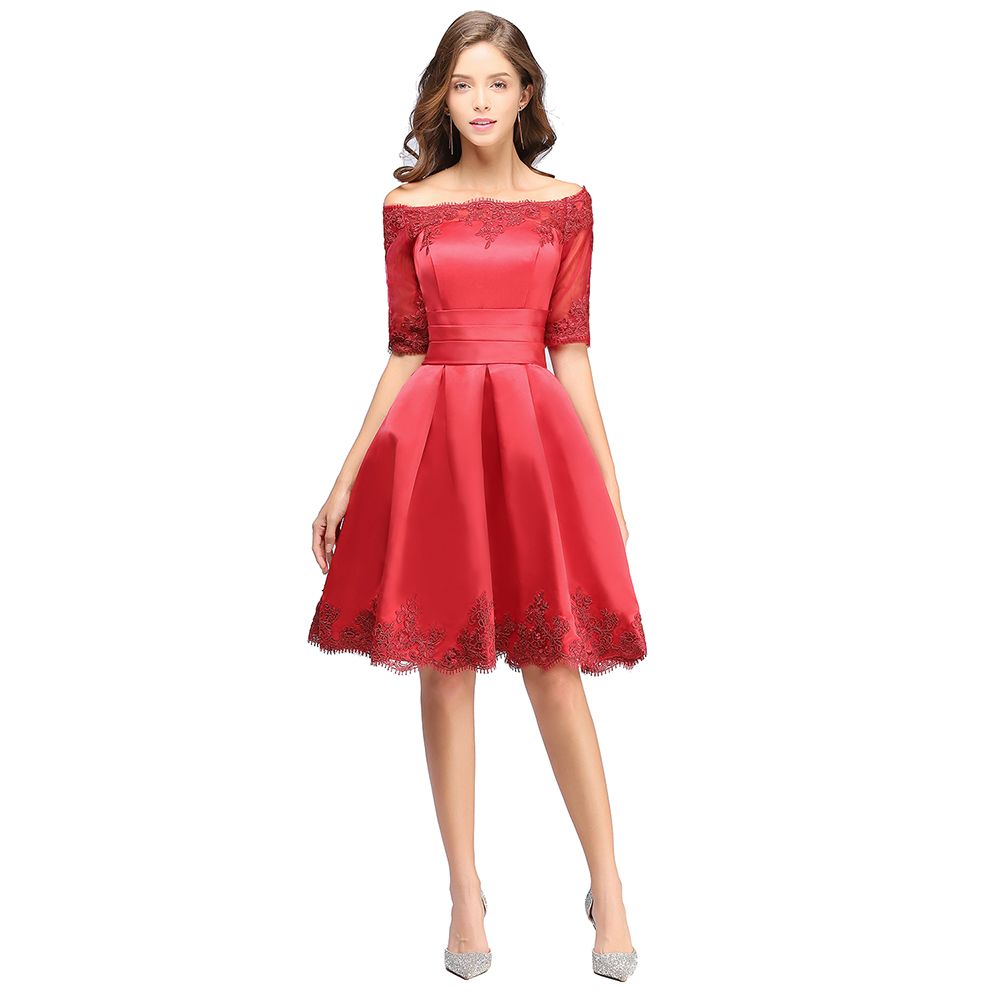 BMbridal Chic Half Sleeve Lace-up Off-shoulder Lace Appliques Short Prom Dress