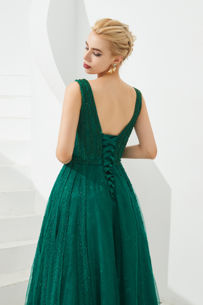 BMbridal Glamorous Green V-Neck Sleeveless Prom Dress Long With Beadings Online