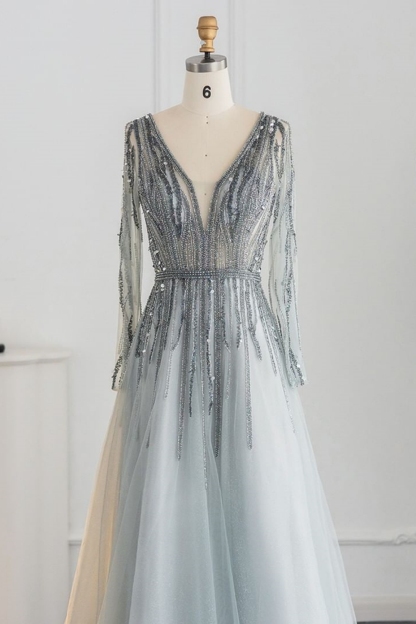 Bmbridal Champagne A-Line Long Sleeves V-Neck Prom Dresses with Appliques