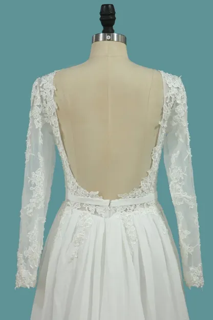 Elegant A-Line Chiffon Floor-Length Bateau Long Sleeves Wedding Dress with Ruffles