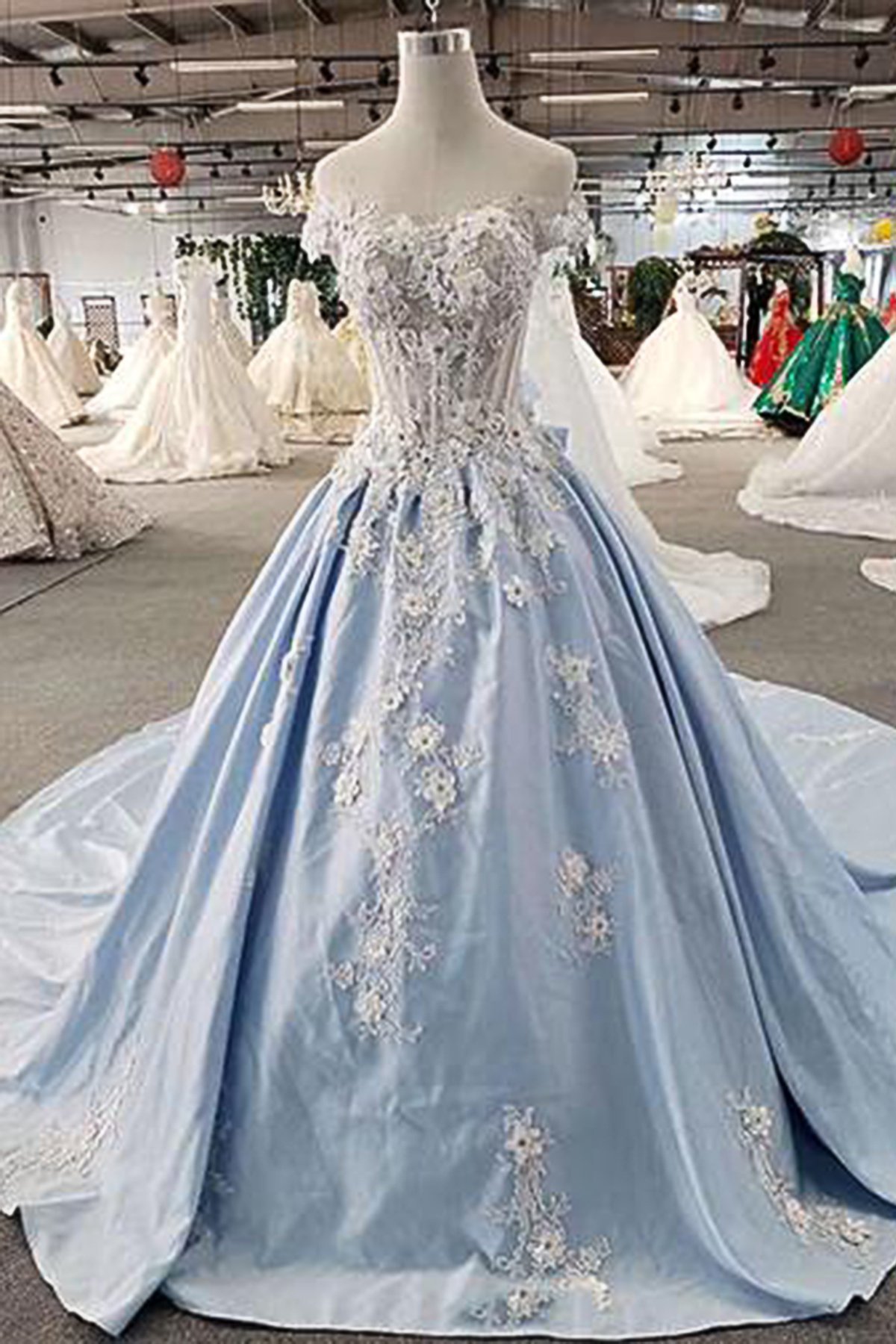BMbridal AffordableLight Blue Satin Sweep Train Wedding Dress Off Shoulder Sleeveless Bridal Gowns On Sale-BMbridal
