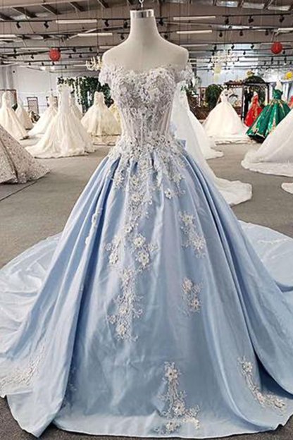 BMbridal AffordableLight Blue Satin Sweep Train Wedding Dress Off Shoulder Sleeveless Bridal Gowns On Sale-BMbridal
