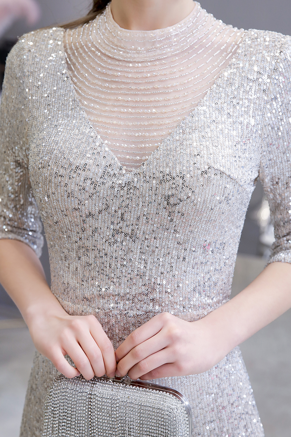 BMbridal Silver Half Sleeve Sequins Prom Dress Mermaid Long Evening Gowns