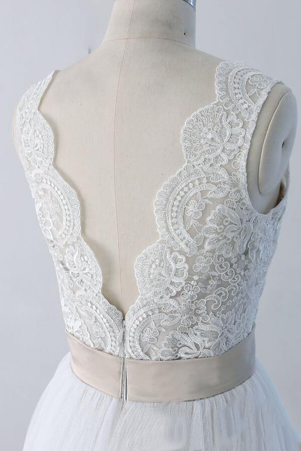 BMbridal Elegant V-neck Lace Tulle A-line Wedding Dress On Sale-BMbridal