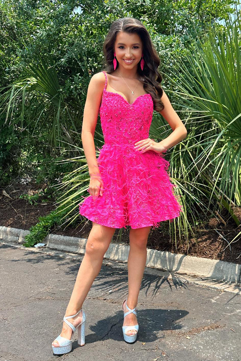 Sparkly Fuchsia A-Line Lace Short Homecoming Dress with Feathers-BMbridal