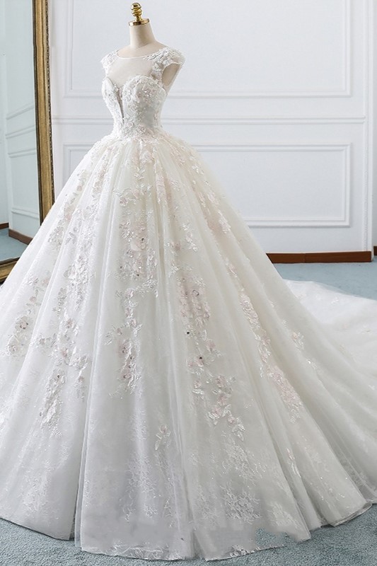 BMbridal Luxury Ball Gown Jewel Tulle Wedding Dress Beading Lace Appliques Sleeveless Bridal Gowns On Sale-BMbridal