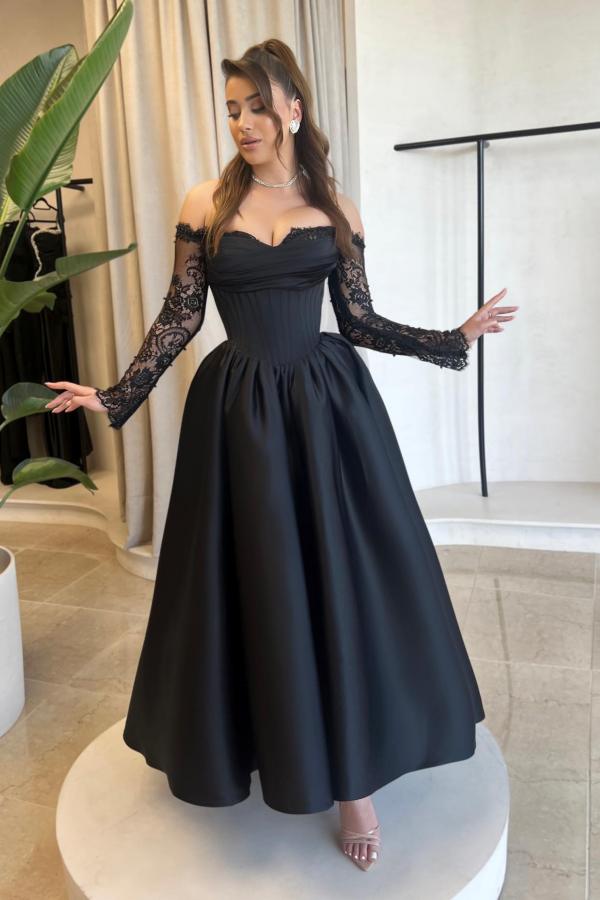 Glamorous Black Ankle-Length A-Line Sweetheart Long Sleeves Satin Prom Dresses-BMbridal