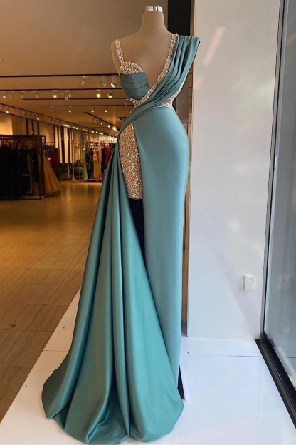 Classy Mermaid Off-the-shoulder Sleeveless Satin Prom Dress With Splites