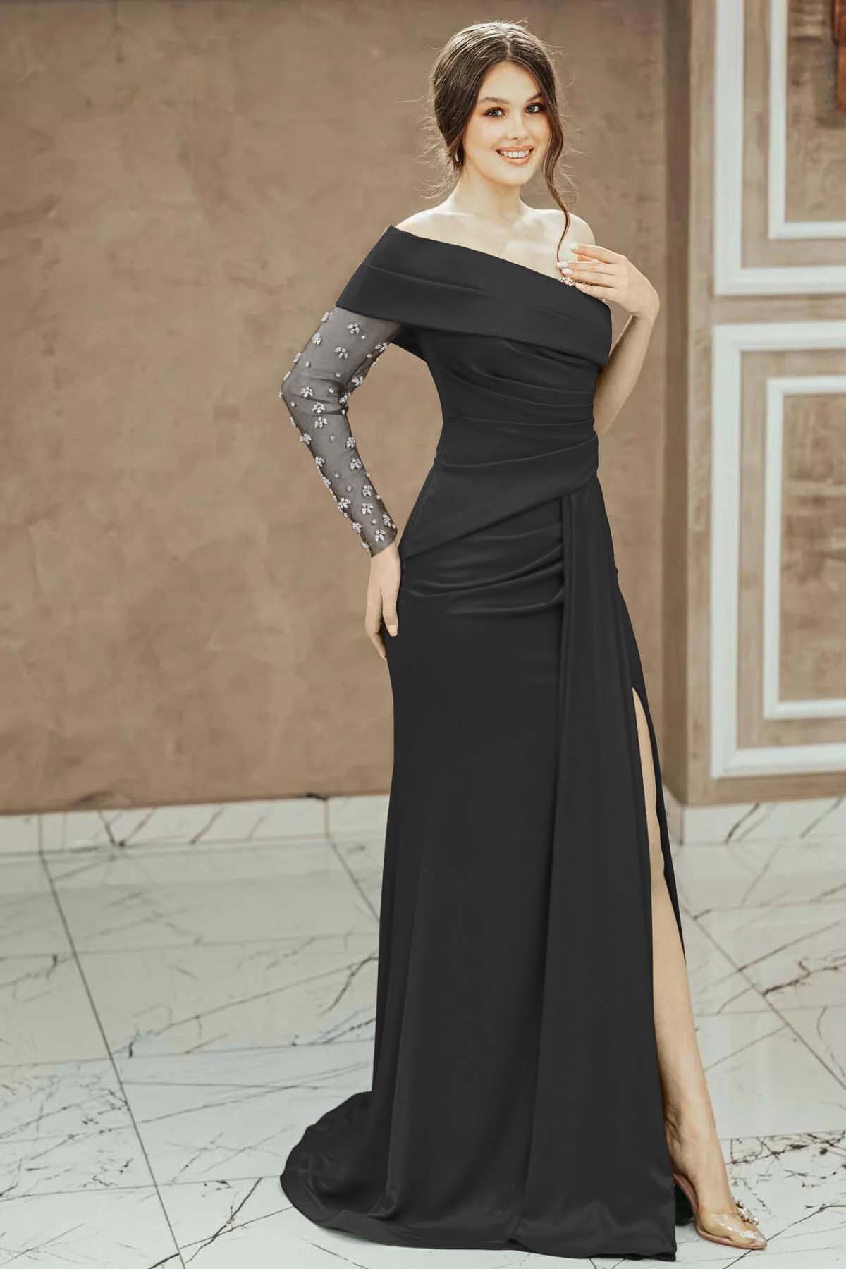 Red Beadings One Shoulder Pleated Prom Dress Split Mermaid With Long Sleeve