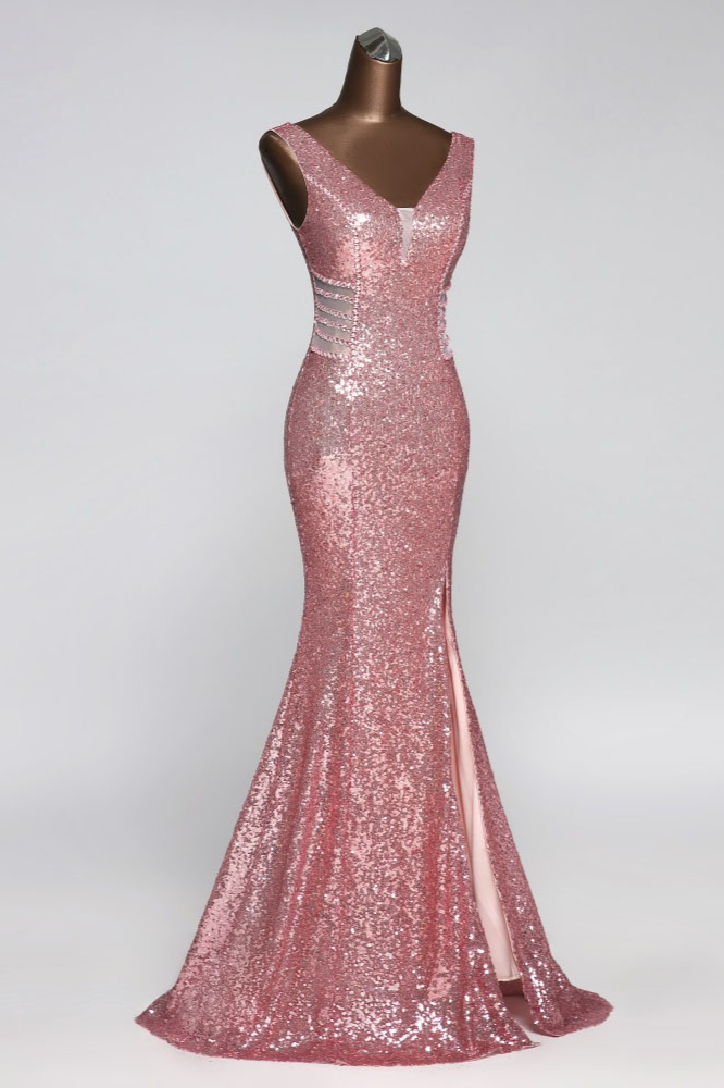 BMbridal Affordable V-Neck Pink Mermaid Prom Dresses with Front-Slit Online