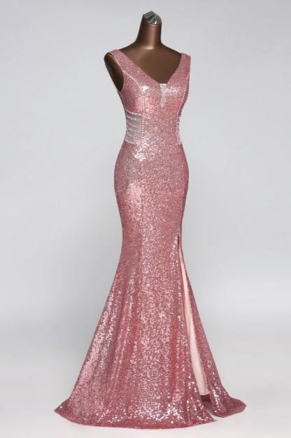 BMbridal Affordable V-Neck Pink Mermaid Prom Dresses with Front-Slit Online