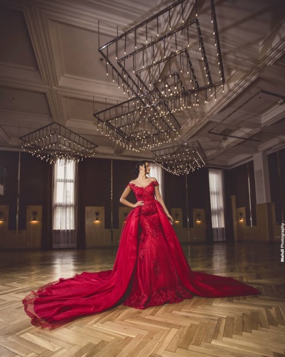 Bmbridal Red Off-the-Shoulder Prom Dress Lace Appliques With Overskirt