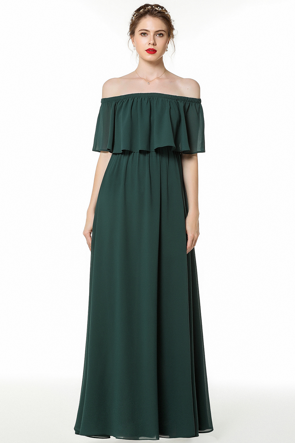 BMbridal Gorgeous Chiffon Flounced Crinkle Cold-shoulder Long Bridesmaid Dresses Affordable-BMbridal