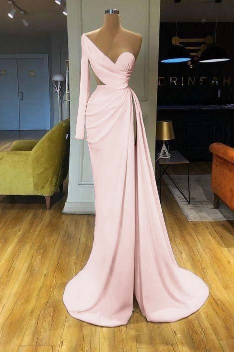 White Long Sleeve Sweetheart Mermaid Prom Dress One Shoulder With Split