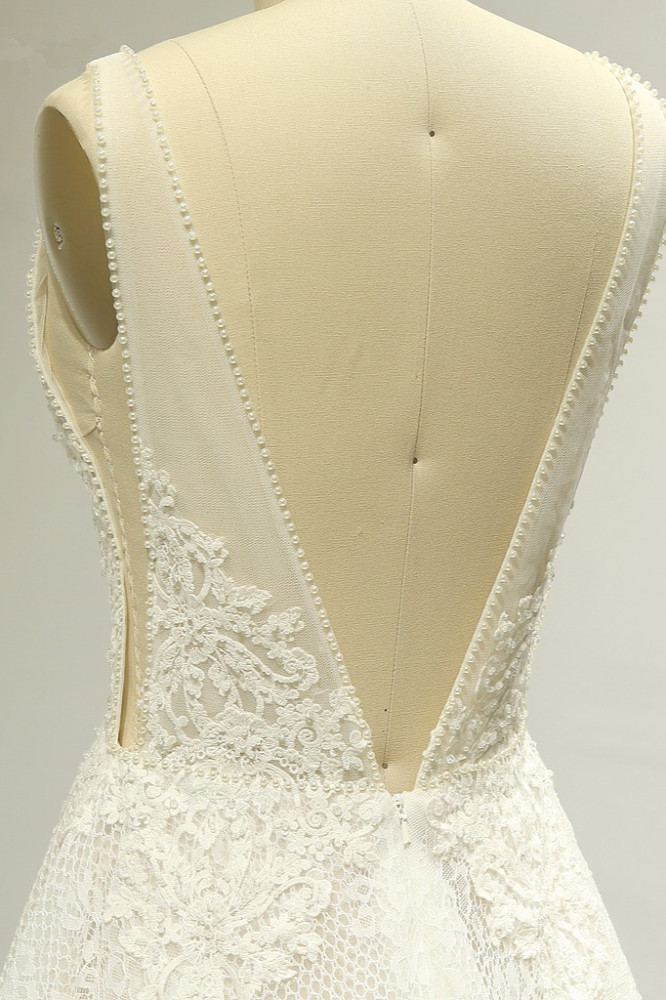 BMbridal Sexy Tulle Deep-V-Neck Lace Wedding Dress Sleeveless Appliques Pearls Bridal Gowns On Sale-BMbridal
