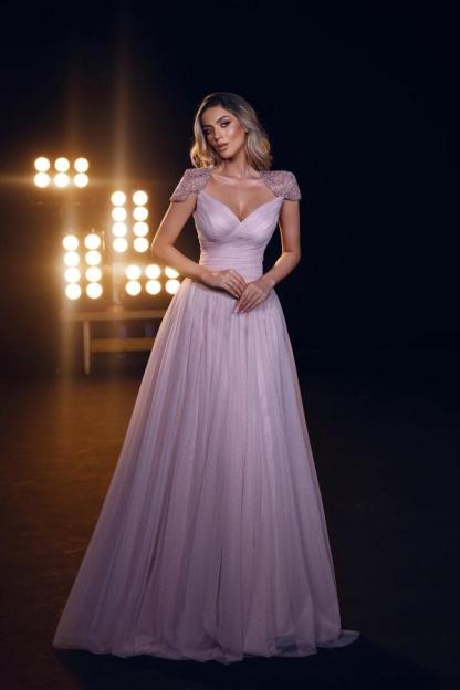 Bmbridal Cap Sleeves A-Line Tulle Prom Dress Long With Beads