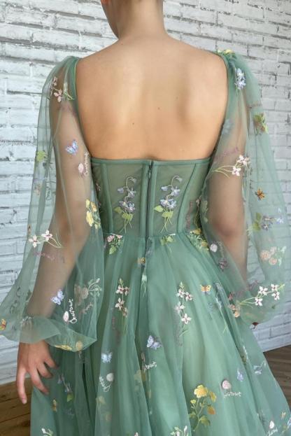 Bmbridal Long Sleeves Sage Green Prom Dress Tulle With Flowers
