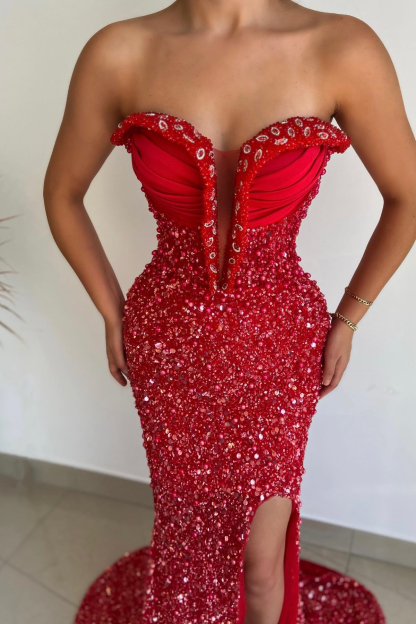 Red Sweetheart Mermaid Slit Prom Dress Sequins Long With Pearls