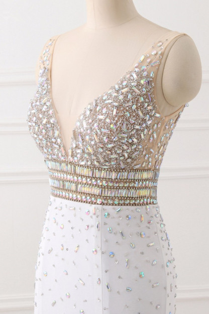 BMbridal Chic Chiffon V-Neck Rhinestones Prom Dresses with Front Slit On Sale