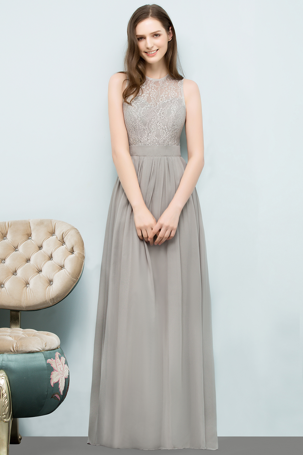 BMbridal Affordable Lace Sleeveless Silver Bridesmaid Dress with Ruffles-BMbridal