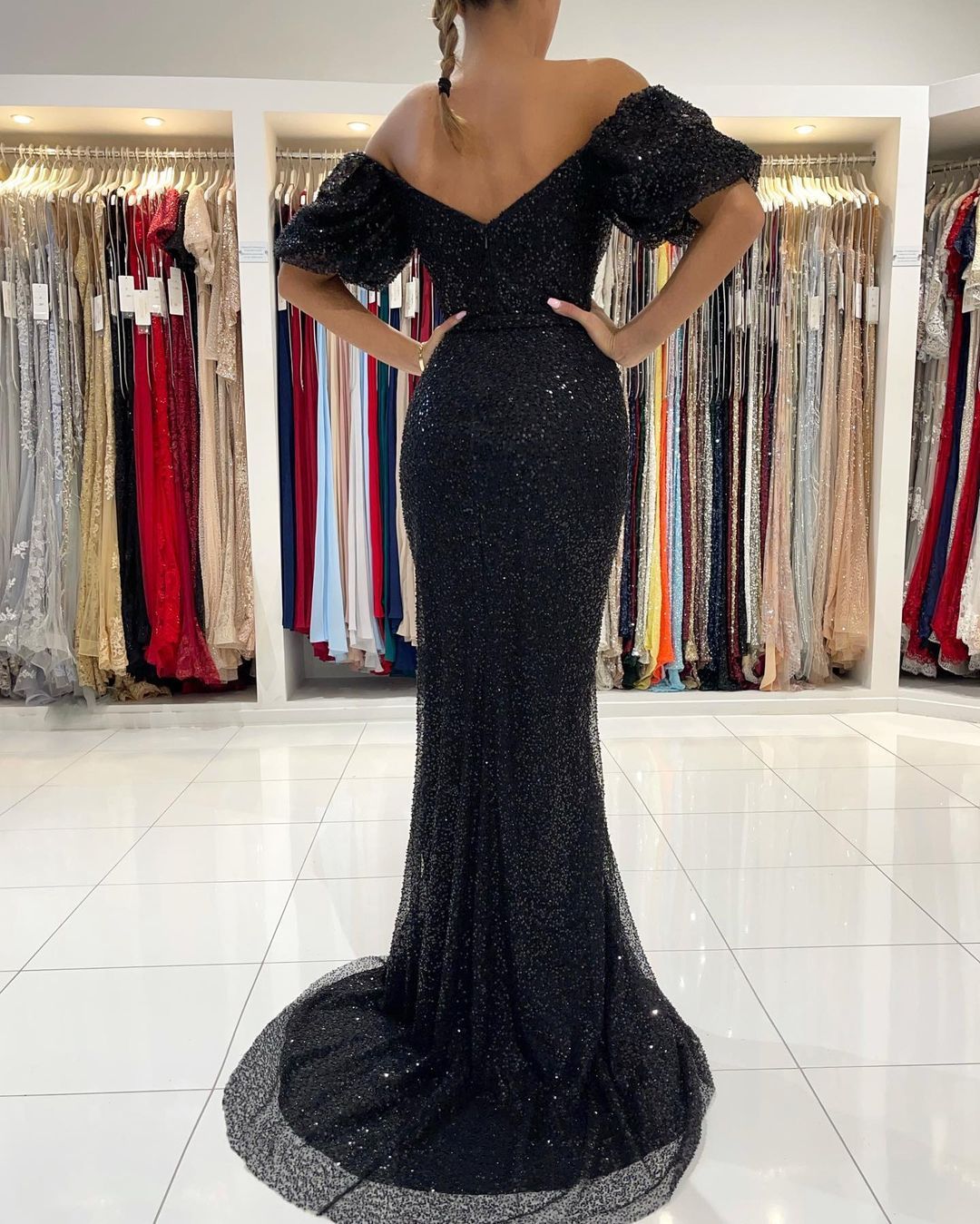 Bmbridal Off-the-Shoulder Black Sequins Prom Dress Mermaid With Split