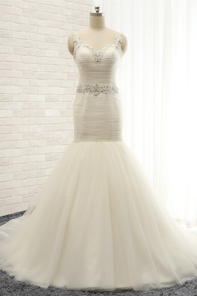 BMbridal Unique Ivory Straps Mermaid Wedding Dresses Tulle Ruffles Sequins Bridal Gowns Online