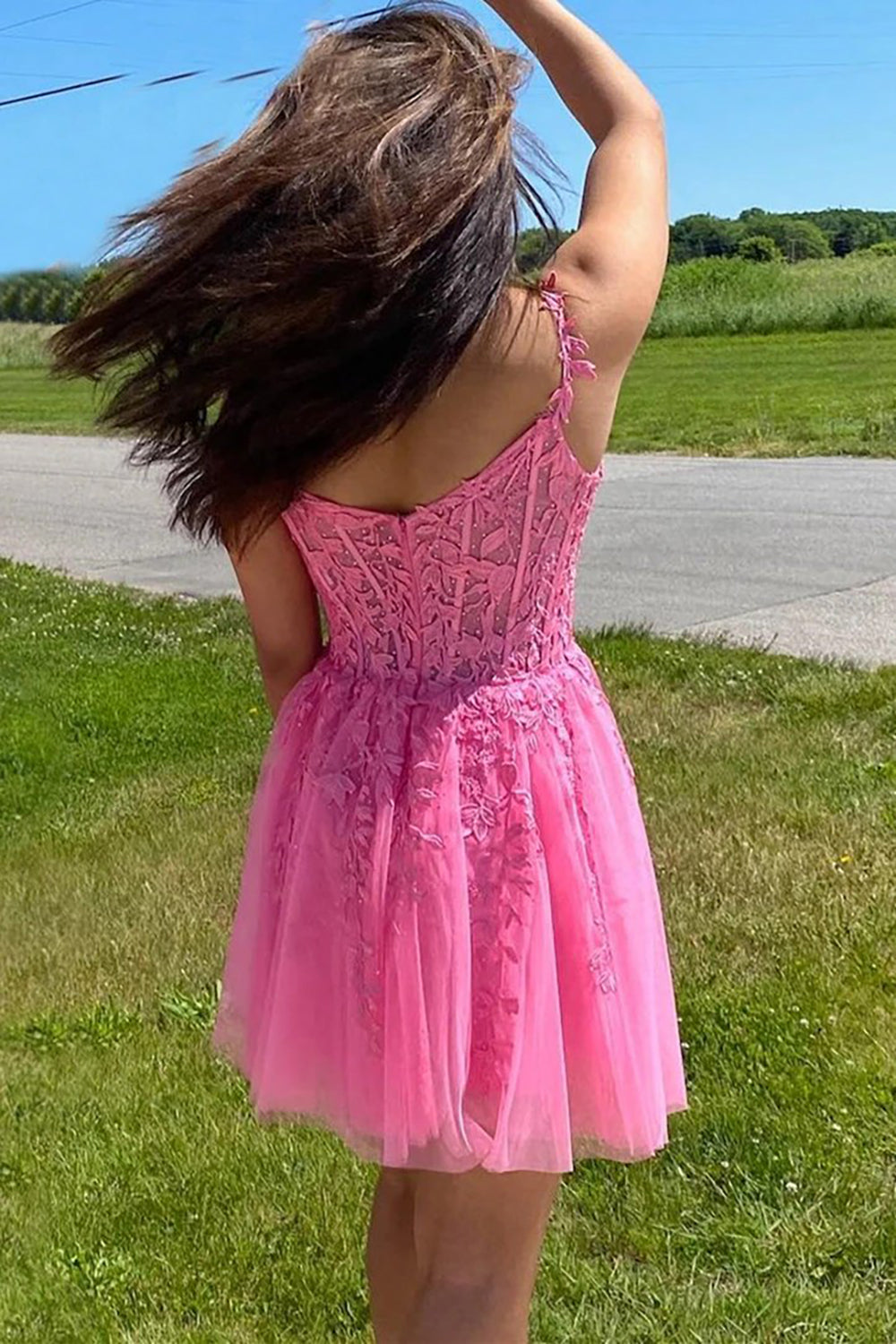 Coral Backless Short Cocktail Dress with Appliques-BMbridal