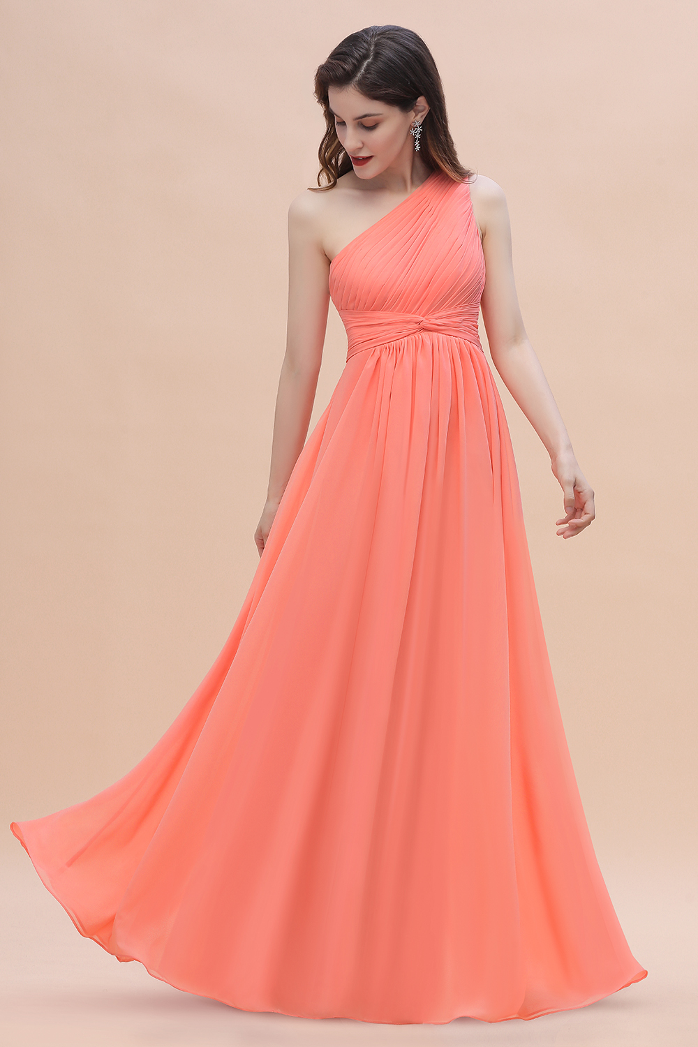 BMbridal Chic One-Shoulder Ruffles Chiffon Coral Bridesmaid Dresses On Sale-BMbridal
