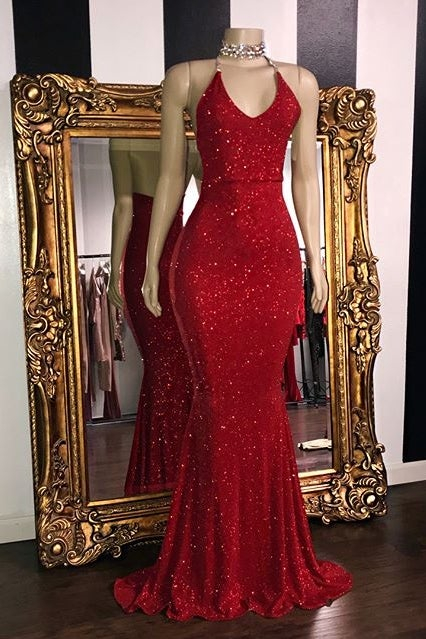 Glamorous Halter Neck Mermaid Sleeveless Red Long Prom Dress With Sequins