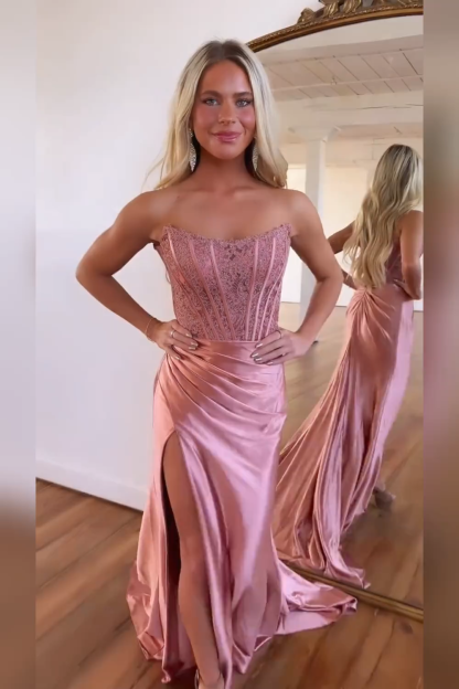 Fuchsia Strapless Corset Mermaid Long Satin Prom Dress with Slit