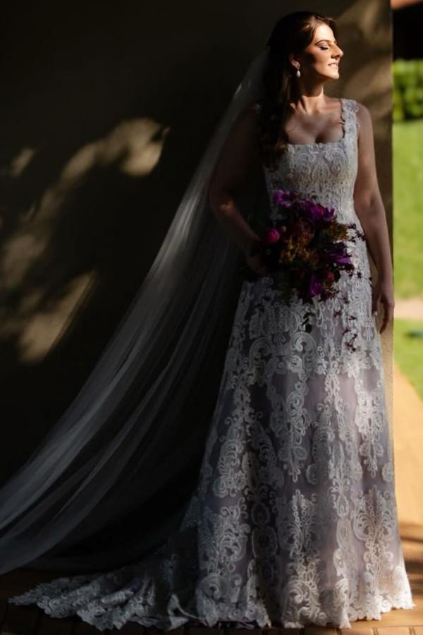 Gorgeous A-Line Floor-Length Square Neck Sleeveless Lace Wedding Dresses-BMbridal