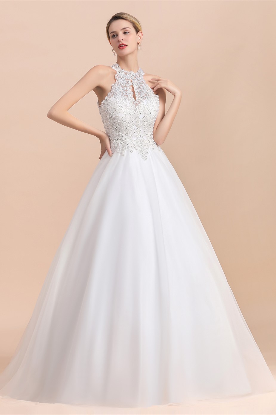 BMbridal Exquisite High-Neck Lace Wedding Dress Appliques Sequins Sleeveless Bridal Gowns On Sale-BMbridal