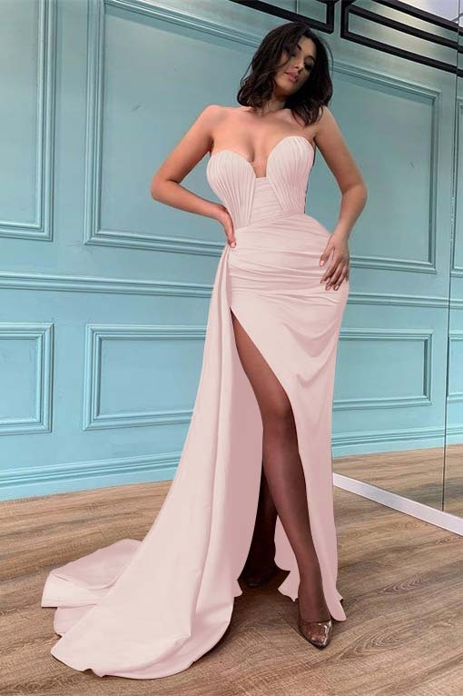 Long Strapless Sleeveless Sweetheart Mermaid Prom Dress Split With Ruffles