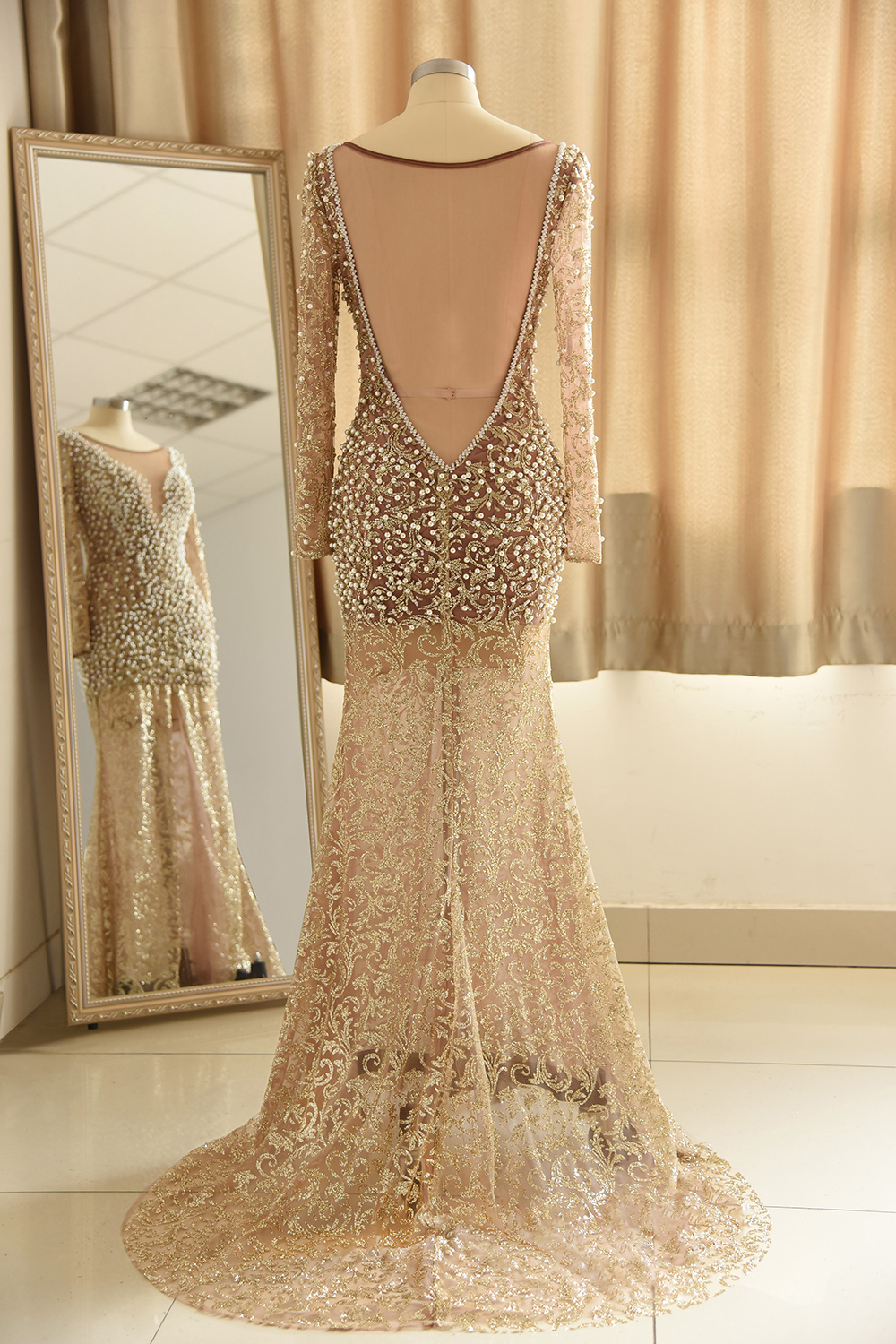 BMbridal Glamorous Jewel Lace Front Slit Prom Dresses Long Sleeves Appliques Formal Dresses with Pearls-BMbridal