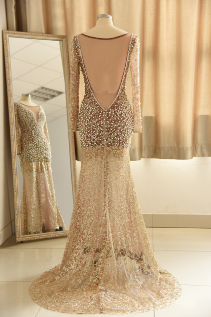 BMbridal Glamorous Jewel Lace Front Slit Prom Dresses Long Sleeves Appliques Formal Dresses with Pearls-BMbridal