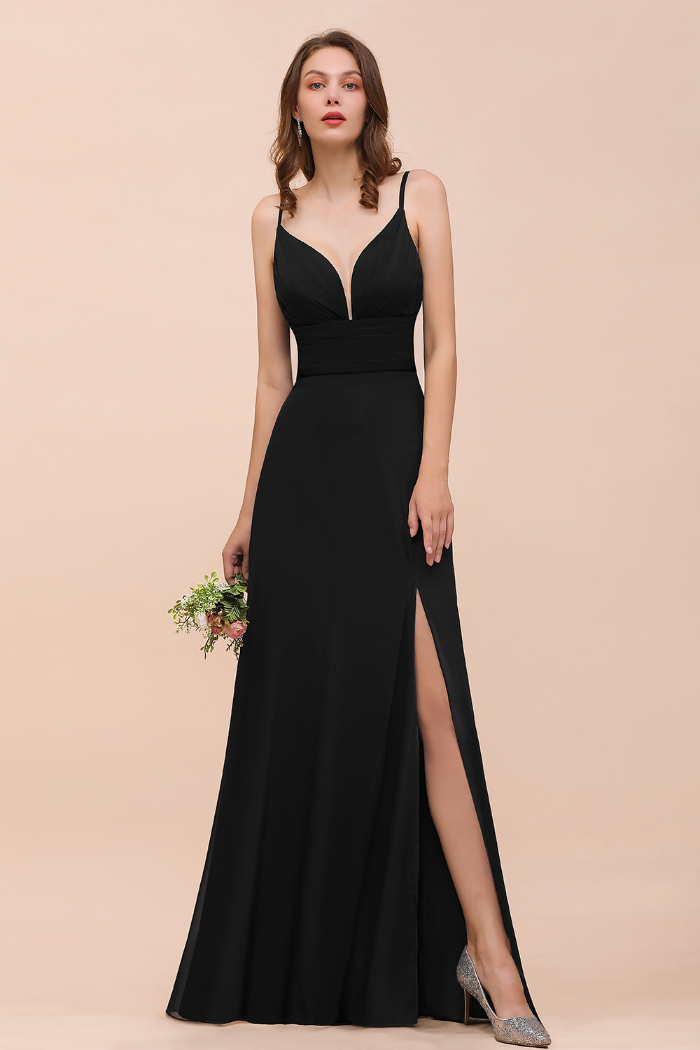 BMbridal Deep V Neck Spaghetti Straps Slit Long Black Bridesmaid Dress-BMbridal