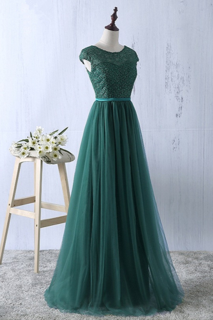 BMbridal Elegant Dark Green Tulle Jewel Prom Dresses Sleeveless with Appliques Online