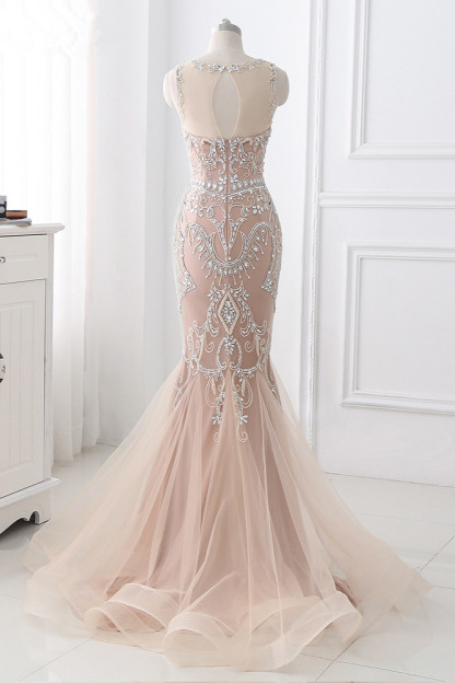 BMbridal Affordable Tulle Jewel Sleeveless Mermaid Prom Dress with Appliques
