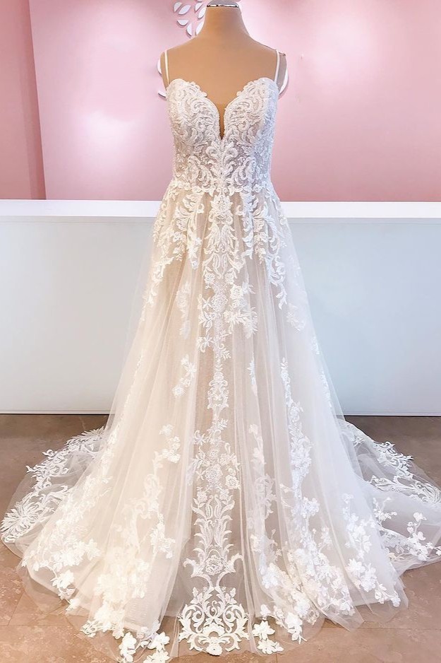 BMbridal Spaghetti-Straps Lace Appliques Wedding Dress Sleeveless-BMbridal