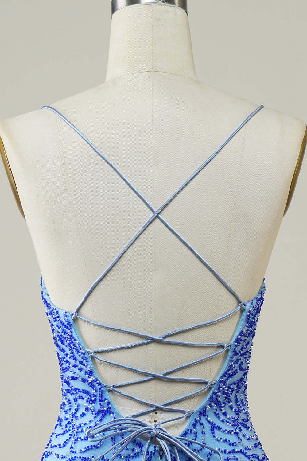 Sparkly Blue Beaded Lace-Up Back Tight Short Homecoming Dress