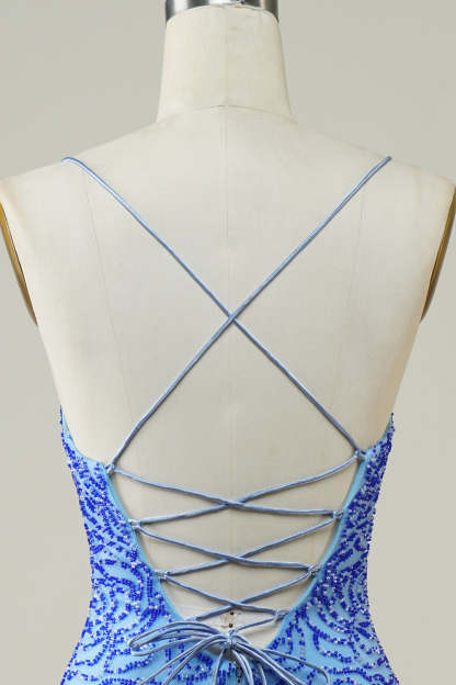 Sparkly Blue Beaded Lace-Up Back Tight Short Homecoming Dress